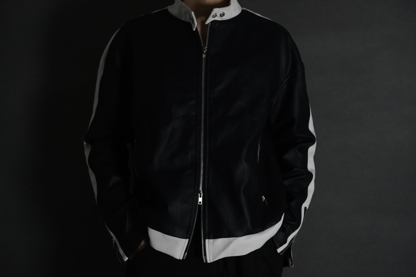 S744 color block leather jacket